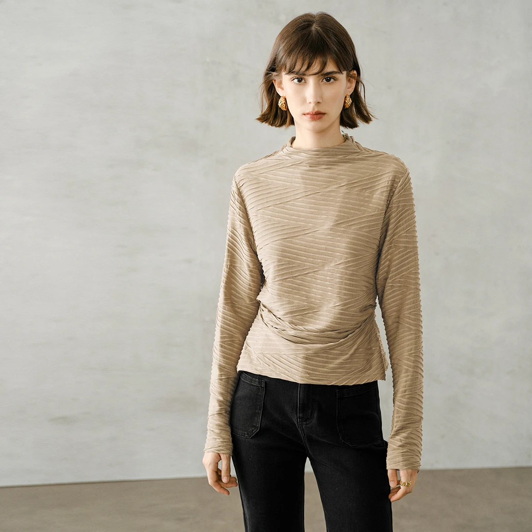 【籽言专属】颜域半高领长袖针织上衣女装2024新款秋季黑色褶皱收