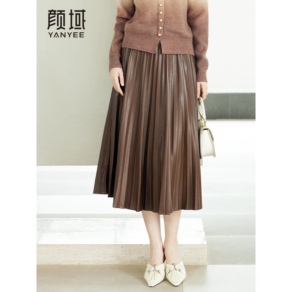 颜域pu皮咖色半身裙女2025年时尚中长款裙子高腰10A310947