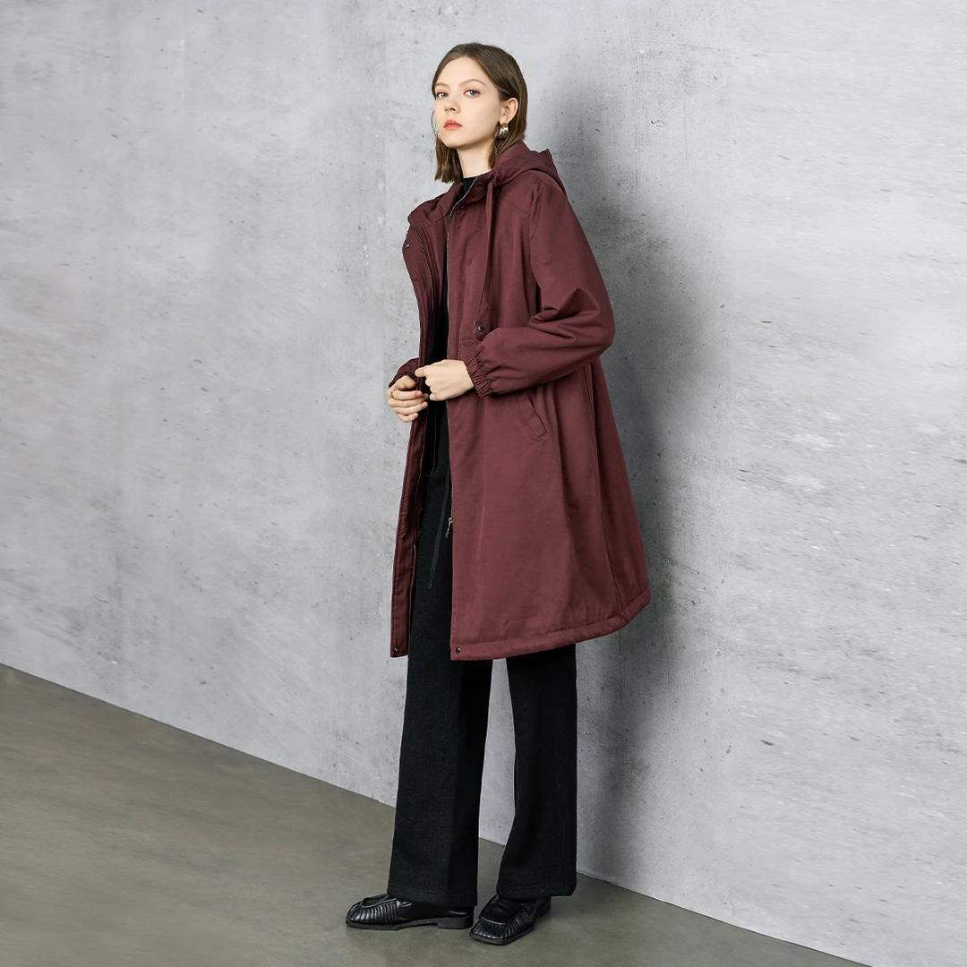 颜域酒红色加厚棉服女2024年新款冬季气质外套中长款