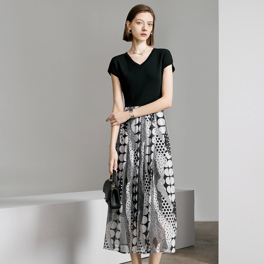 颜域免搭配假两件2025夏款通勤短袖V领中长款裙子20S411691