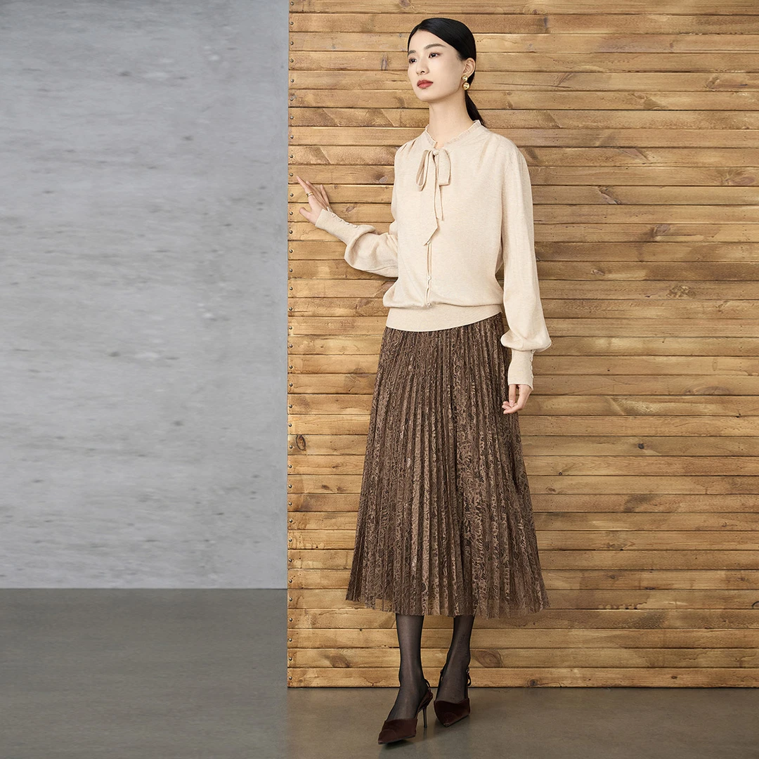 颜域颜域系带气质针织衫女2025新款优雅酒红色上衣长