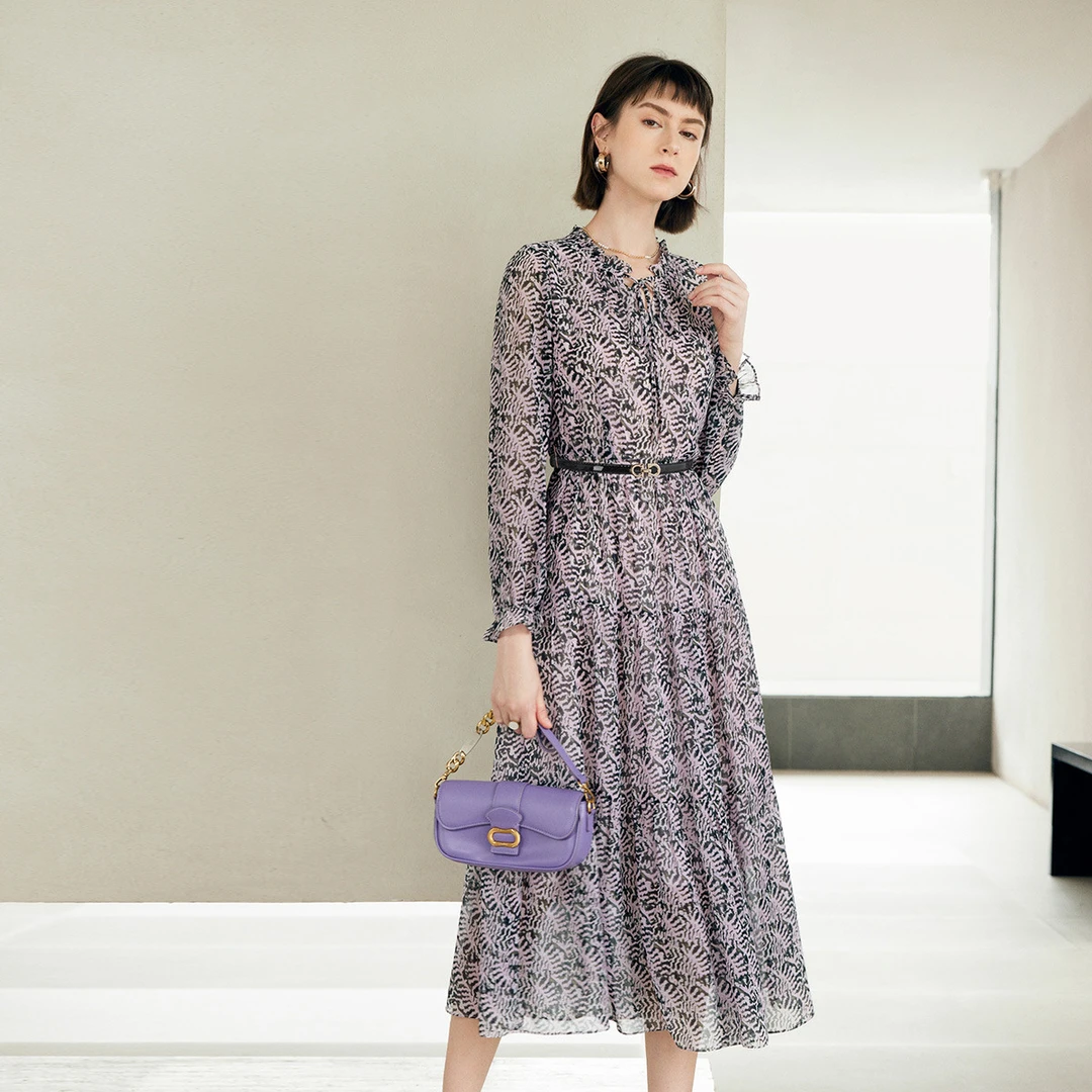 【李美丽专属】优雅法式连衣裙女复古通勤中长款长袖系带裙子