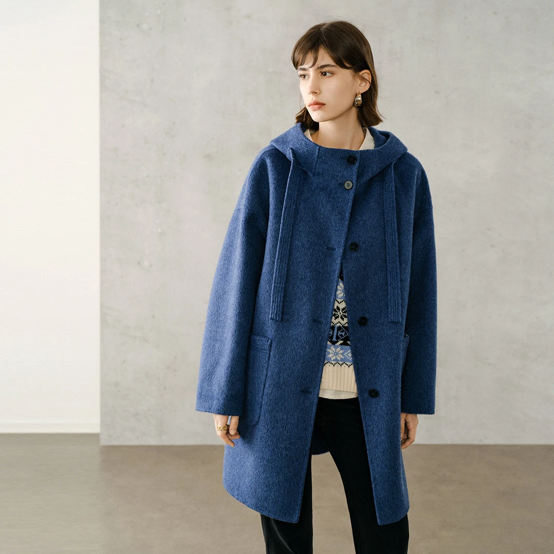 颜域连帽毛呢外套女2025冬季中长款双面呢大衣01W240040