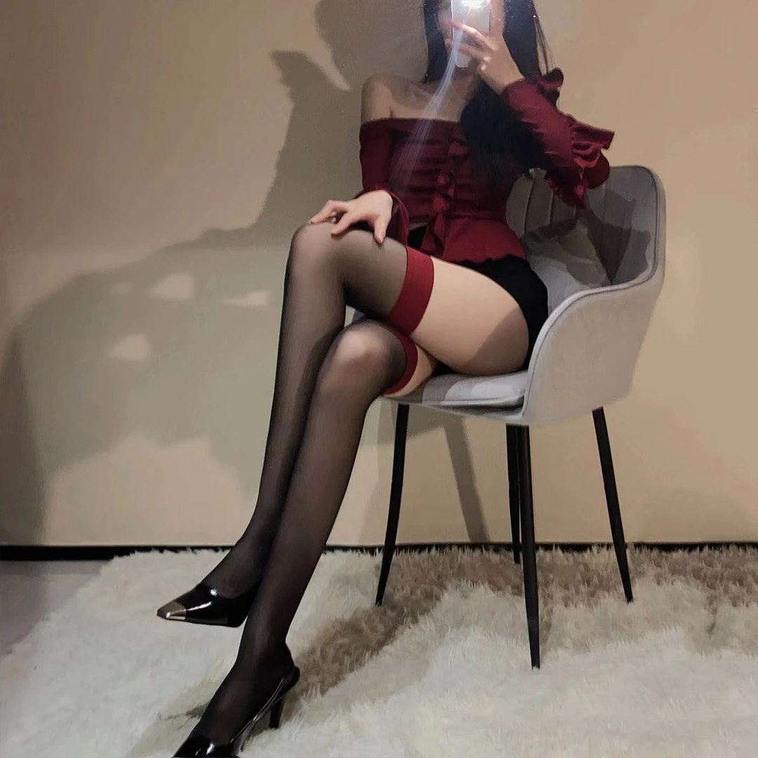 春夏网红性感风红边黑边丝袜纯欲薄款显瘦辣妹丝袜黑丝网红丝袜jk