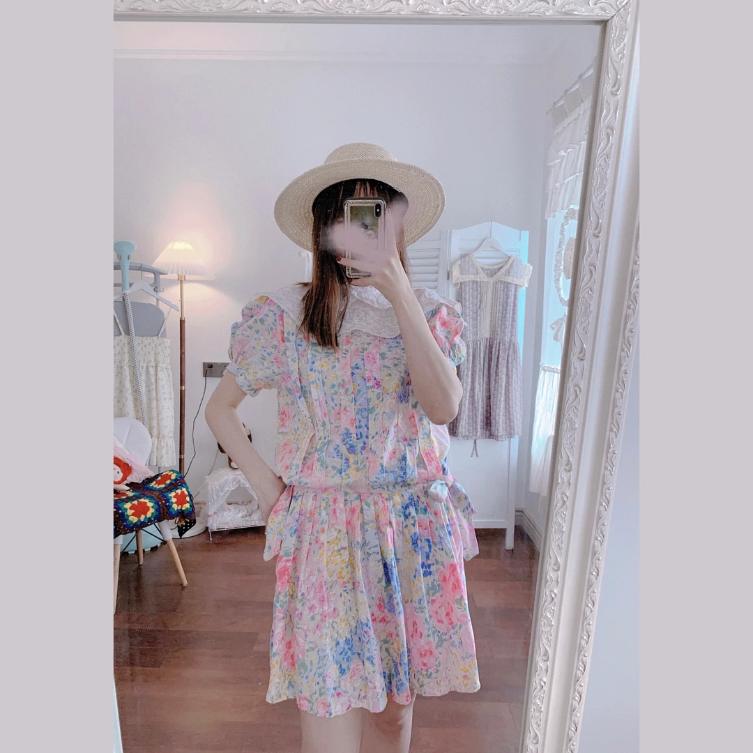 Vintage 古着 日系 森系复古少女 苍井优风 古早奈奈连衣裙套装