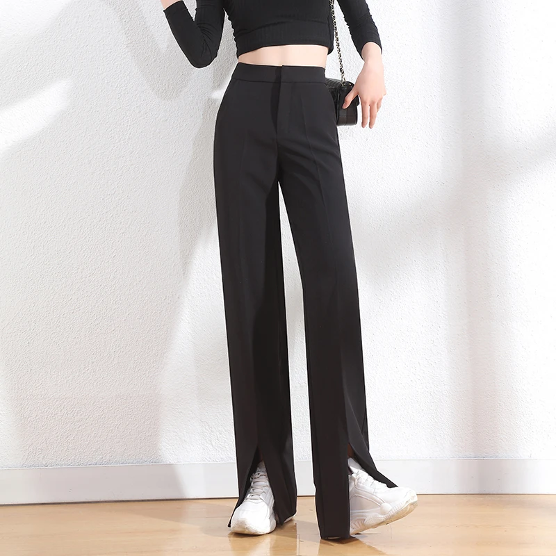 【张小题定制】前开叉拖地裤女春夏2025高腰直筒西裤垂坠感阔腿裤裤
