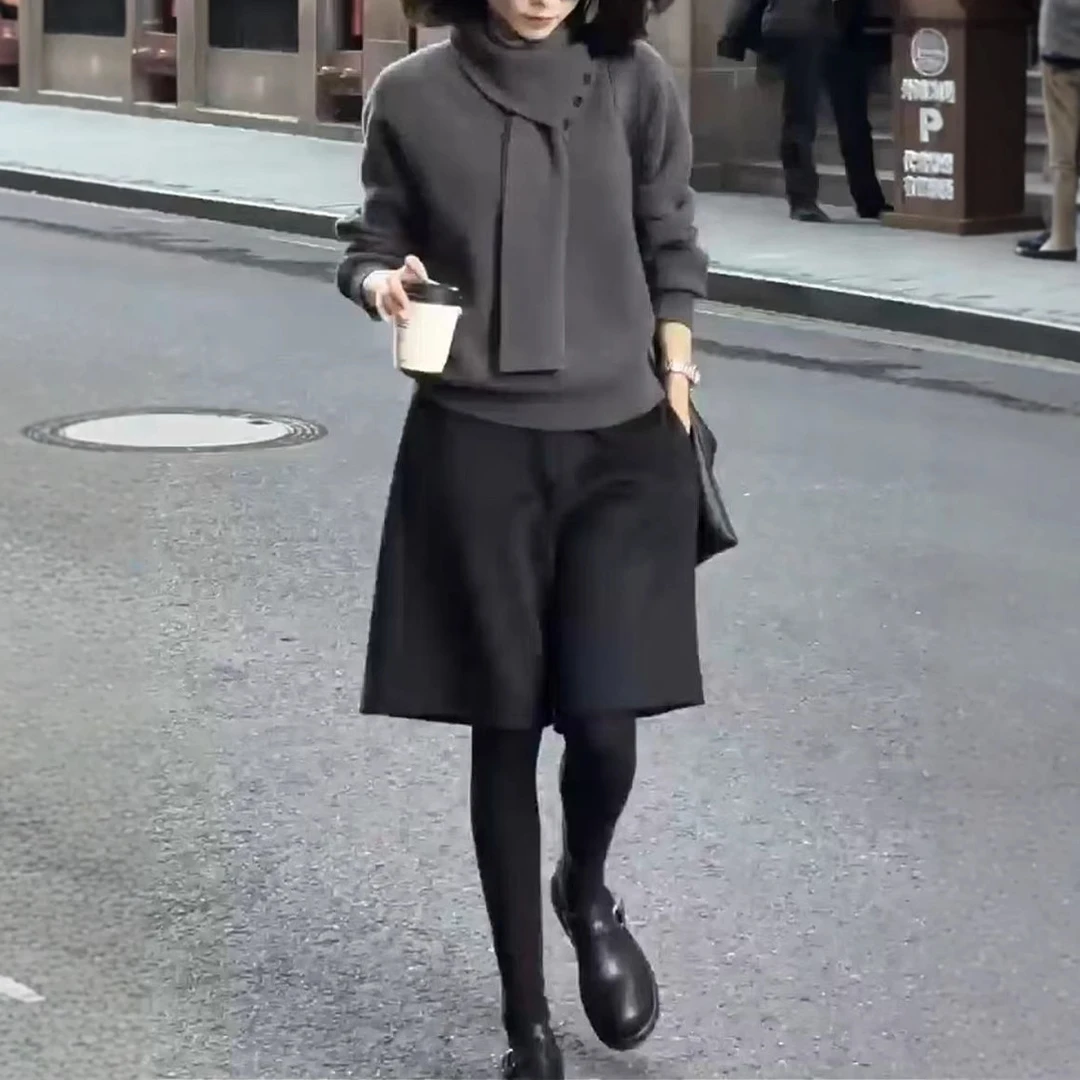 2024韩版秋冬网红新款高级感简约时尚气质上衣显瘦阔腿五分裤洋气