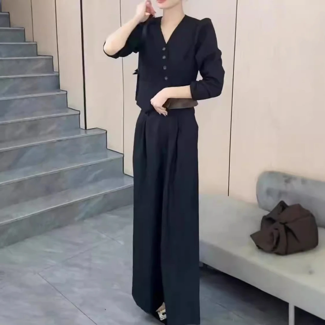 24905网红爆款女2024秋季新款时尚高端拼接V领上衣阔腿裤两件套女