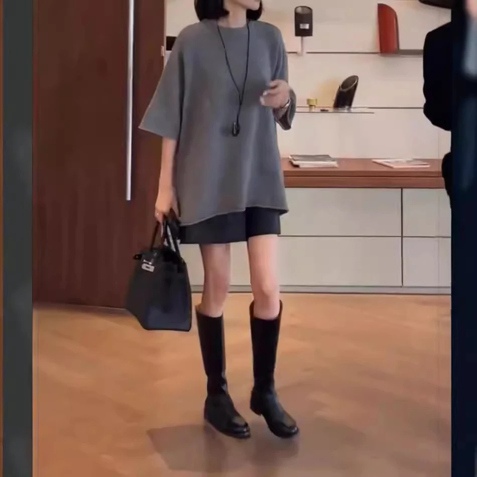 24895网红爆款女2024新款韩版简约灰色宽松上衣高腰阔腿短裤女潮