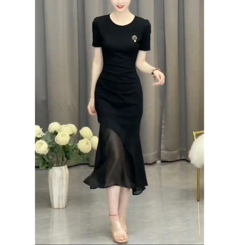 23621大爱美依缘2023新款圆领抽褶修身显瘦网纱拼接鱼尾连衣裙女