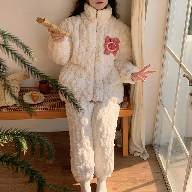 睡衣女冬季三层夹棉加厚加绒保暖珊瑚绒拉链卡通可外穿家居服套装