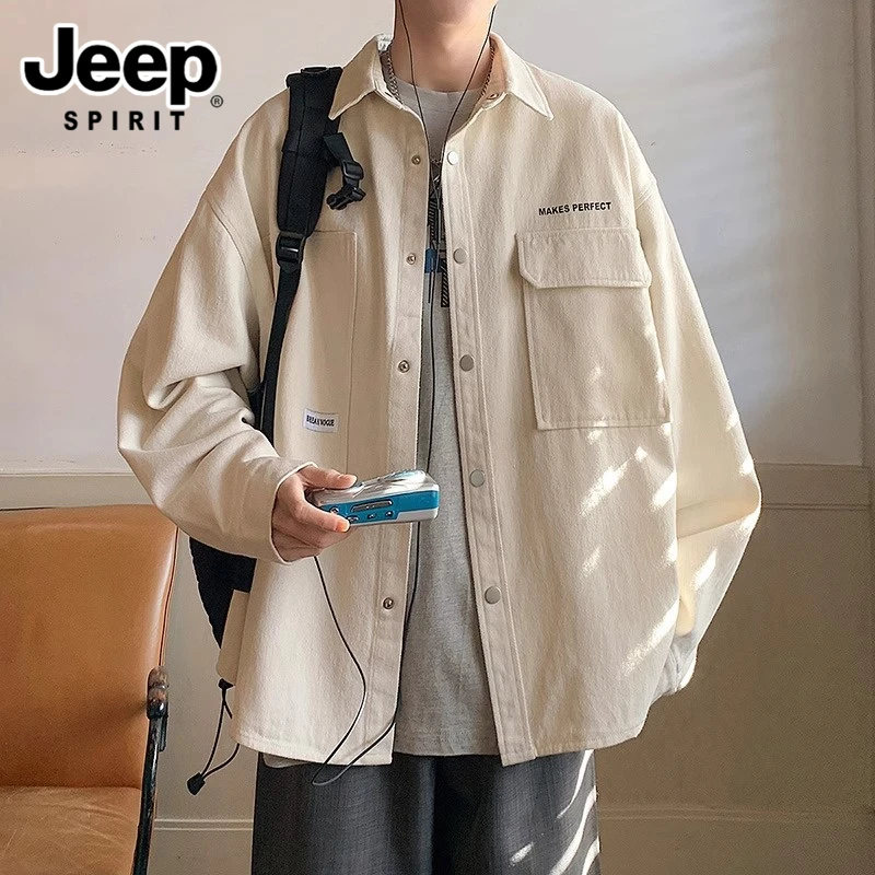 JEEPSPIRIT吉普日系长袖工装衬衫男士秋款白色新中式防晒衬衣外套