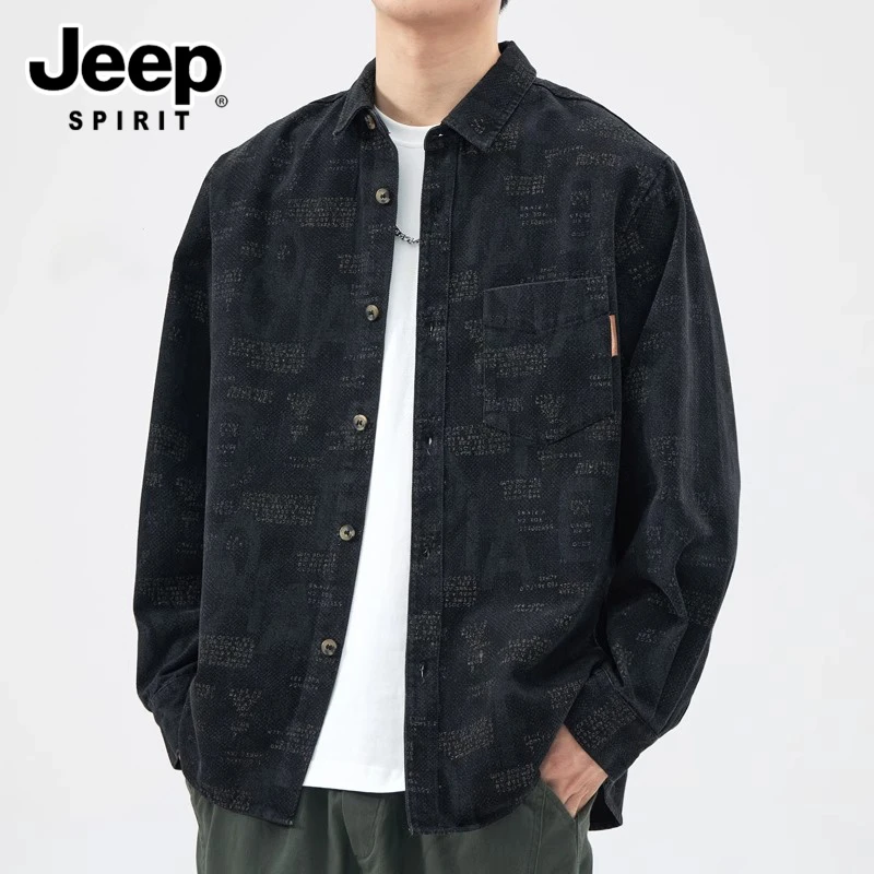 JEEPSPIRIT吉普男士衬衫牛仔夹克宽松长袖衬衣百搭印花休闲外套