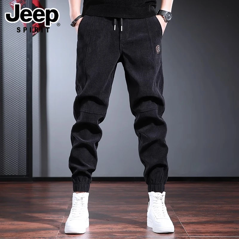 JEEPSPIRIT吉普秋冬季灯芯绒裤子男加绒加厚男士黑色宽松休闲裤子
