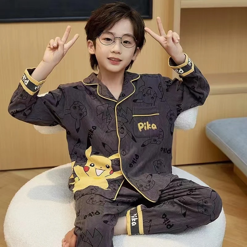 秋季儿童男童新款卡通男孩长袖春秋睡衣薄款开衫套装中大童家居服