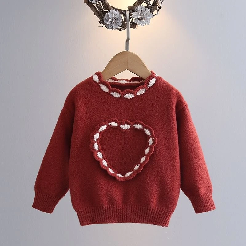 韩版女童爱心针织上衣2023新款女宝爱心简约打底毛衣儿童毛线衣