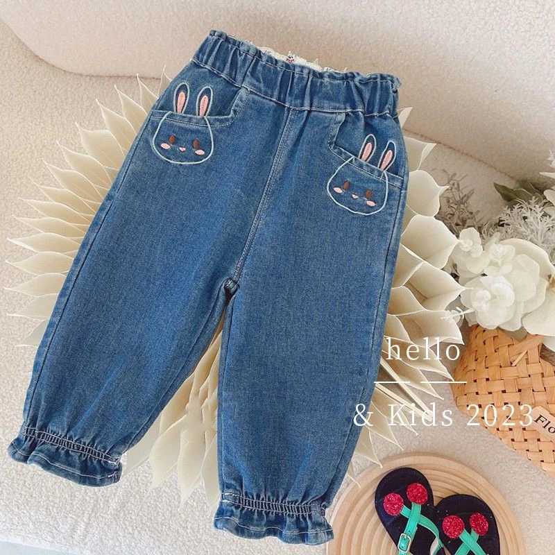 韩版童装女童牛仔裤春秋款蓝色洋气可爱兔子束脚裤小女孩休闲裤子