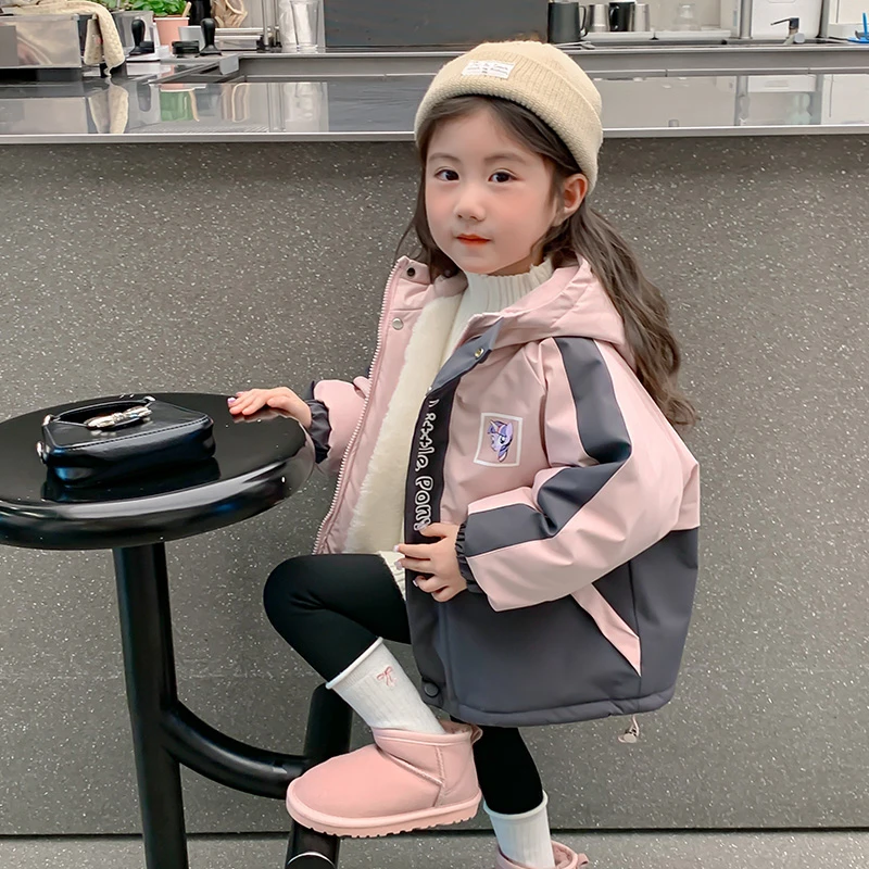 女童棉袄2025新款女宝宝秋冬款连帽夹棉加绒加厚棉衣服儿童派克服