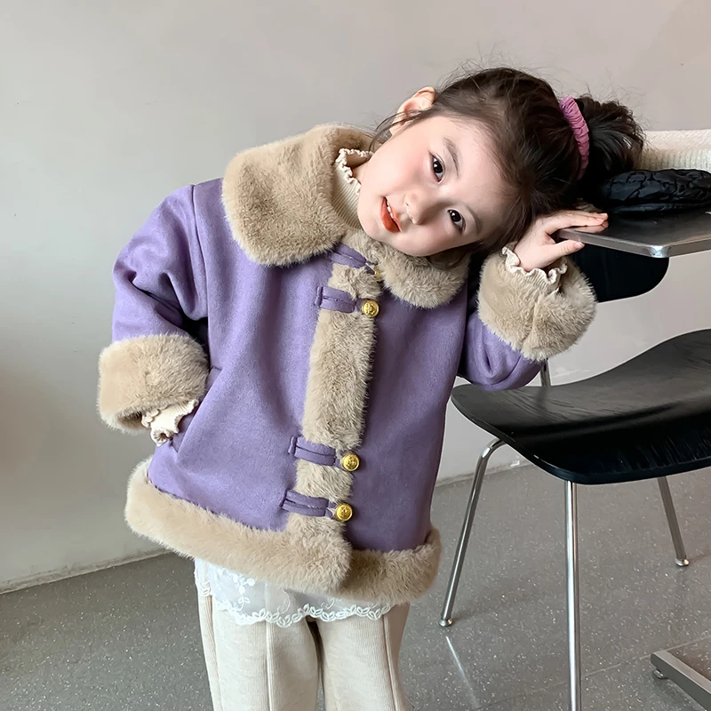女童外套2024新款女宝宝秋冬款皮毛一体小女孩加厚休闲装冬季衣服