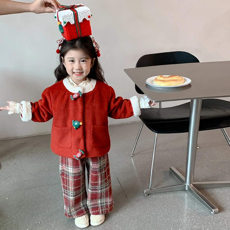 清仓女童套装2025新款女宝宝圣诞风套装小女孩洋气休闲衣服秋冬装