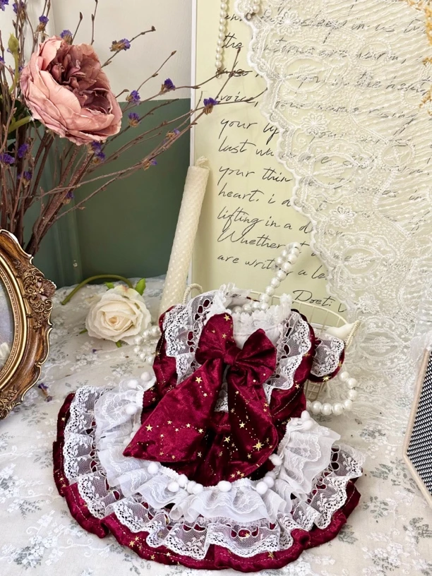 AW金丝绒系列酒红秋冬猫咪狗狗马尔济斯秋冬氛围感烫金公主花边裙