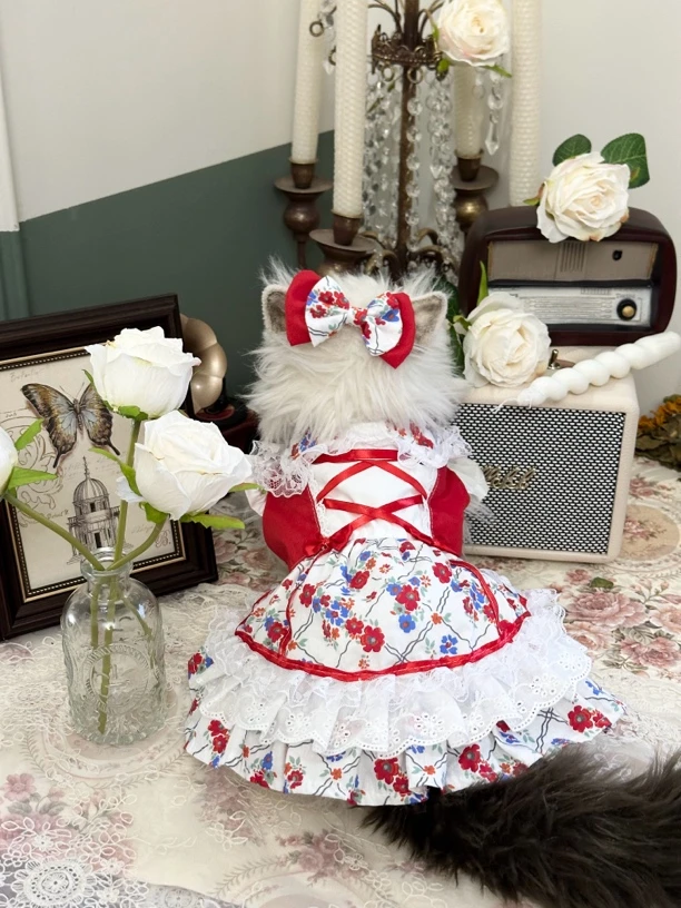 AW手工公主碎花公主裙秋季猫咪长毛狗狗马尔济斯连衣裙红色写真装