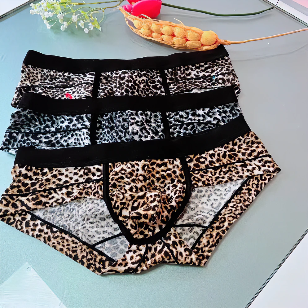 新款潮时尚男士豹纹内裤大码舒适性感透气欧美无痕中腰印花三角裤