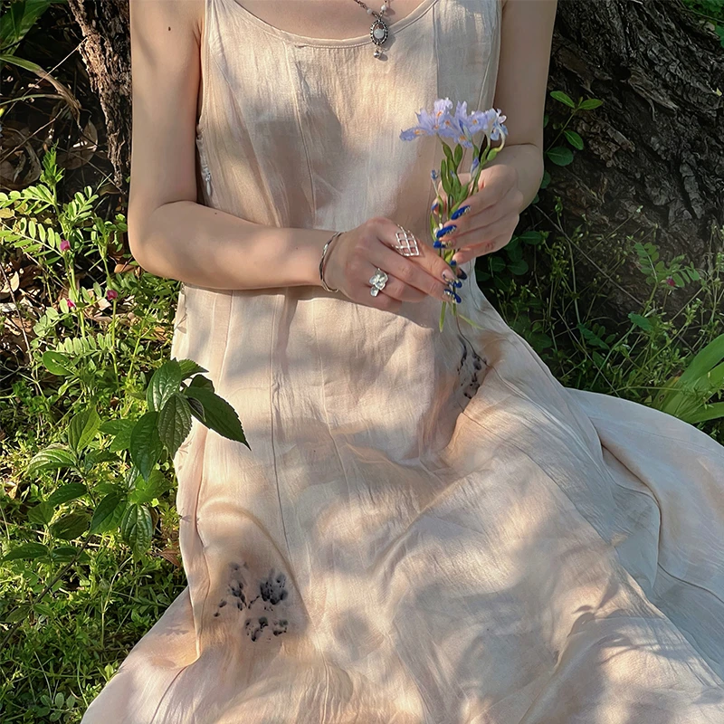 弥挲GN211952原创设计茶染侘寂风百搭款吊带连衣裙女长裙外穿