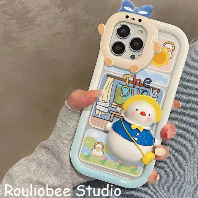 趣味卡通鸭子支架适用iphone13手机壳苹果14/12promax防摔11/xr女