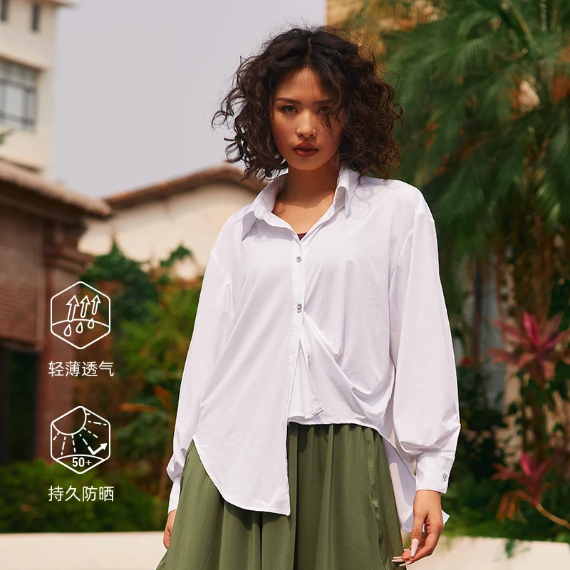 oulla欧拉夏防晒衣白色衬衫女 速干透气小众长袖户外运动上衣3503