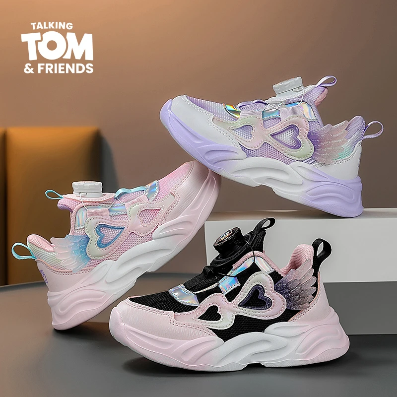 汤姆猫童鞋女童鞋纽扣跑步鞋2024春秋季中大童透气休闲儿童运动鞋
