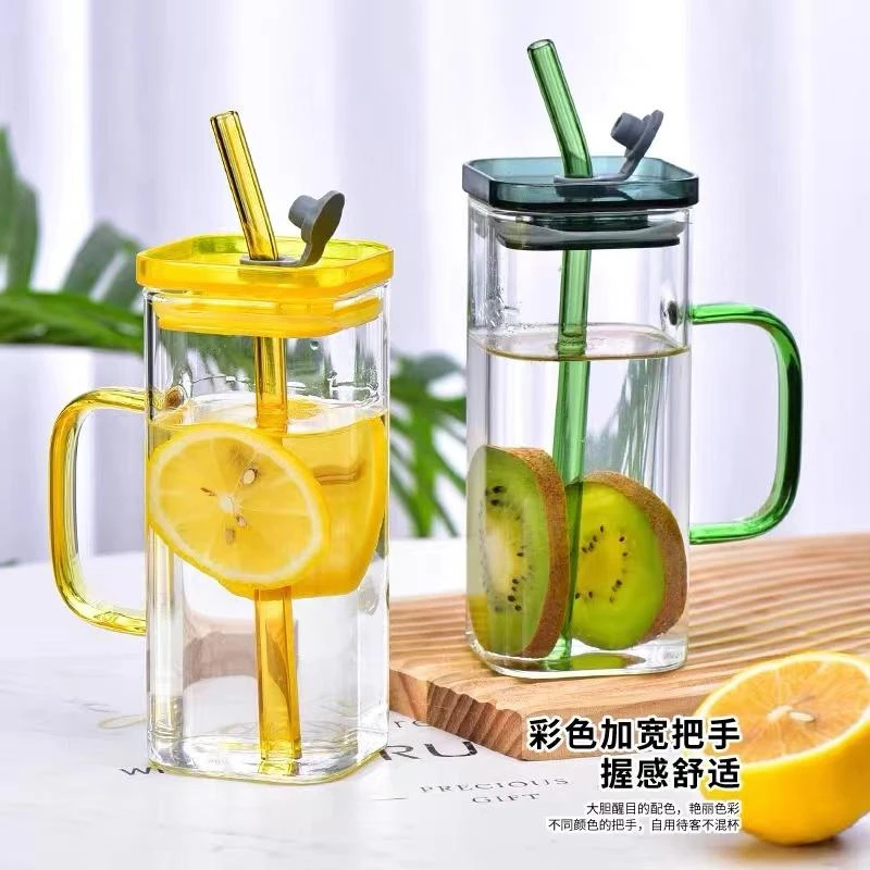 shiny flowers/鑫之花高硼硅带盖四方吸管杯大容量耐热四方早餐杯