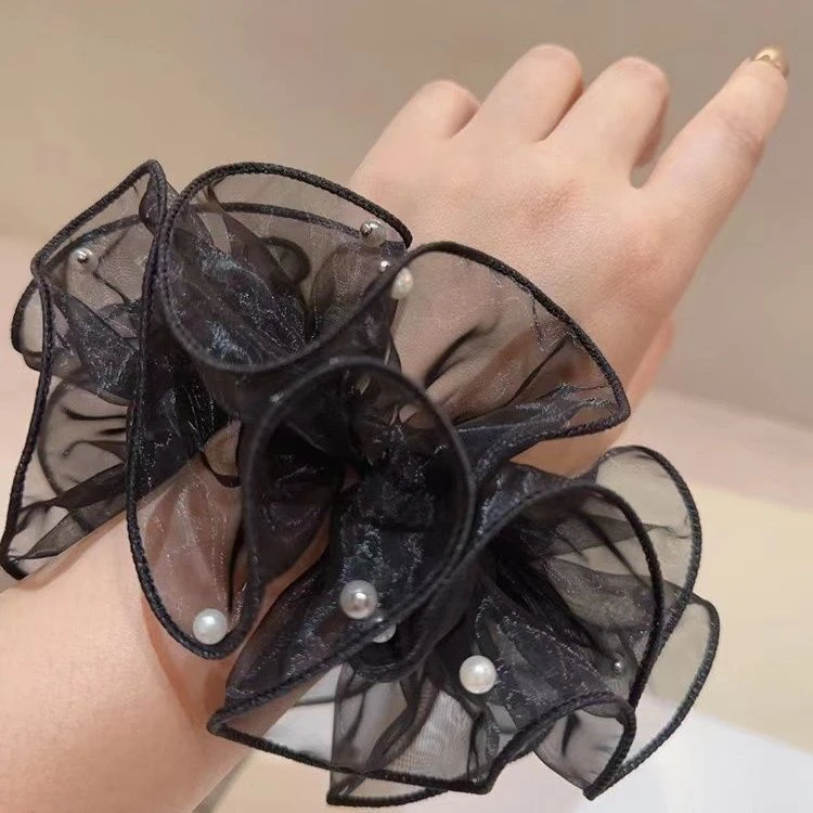 气质简约大肠钉珠发圈高弹力蓬松优雅头花女赫本风头饰新款网纱