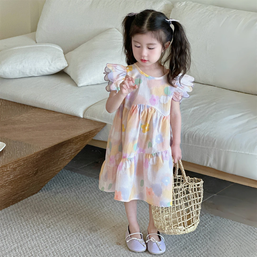 A55花边飞袖碎花童装连衣裙