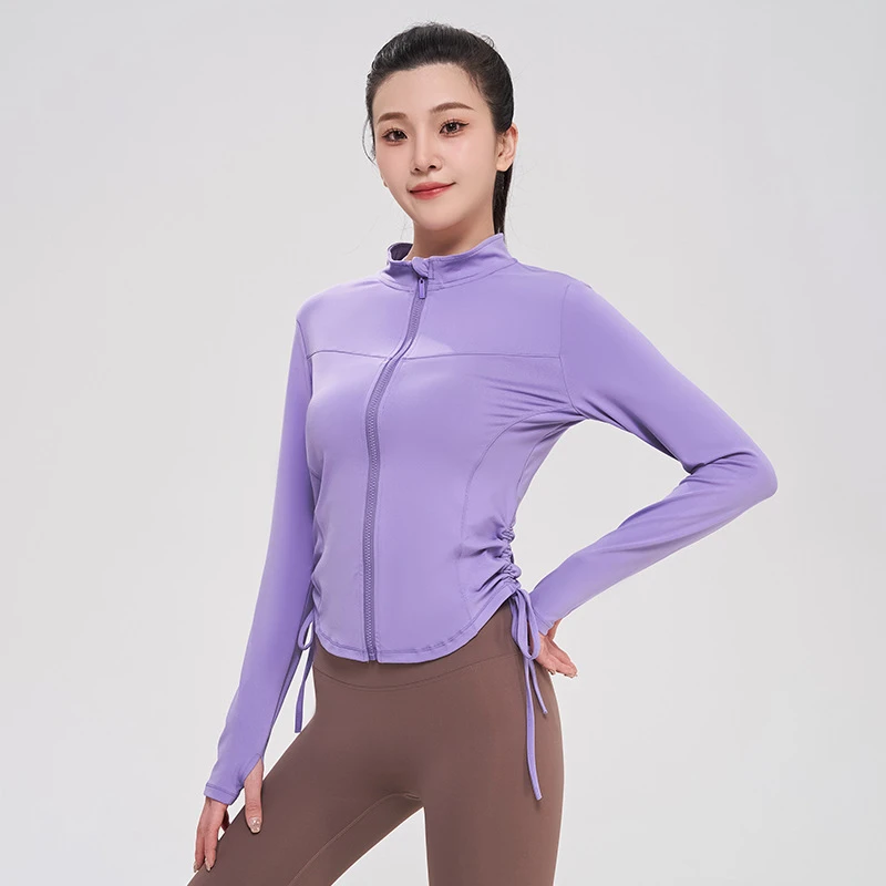 立领拉链瑜伽服收腰褶皱拉绳健身上衣长袖修身显瘦跑步运动外套女