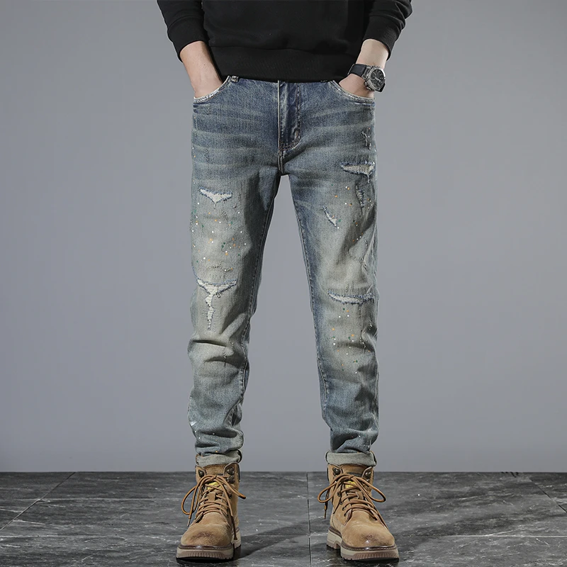 秋冬季美式高街复古破洞加泼墨修身弹力小直筒牛仔裤男