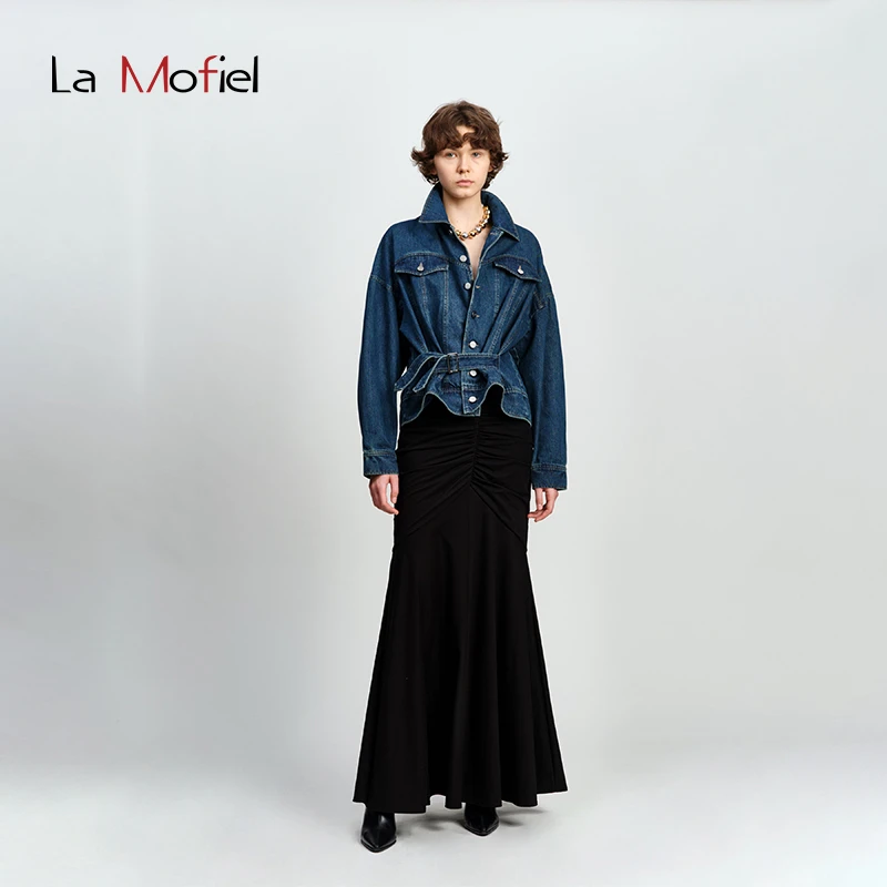 La Mofiel/蓦霏可调节腰带设计休闲款 廓形牛仔夹克外套