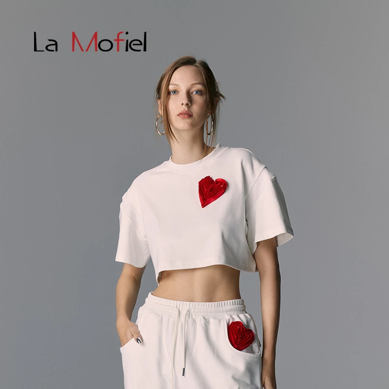 La Mofiel/蓦霏经典款定制爱心圆领短袖女式T恤短版情侣时尚休闲