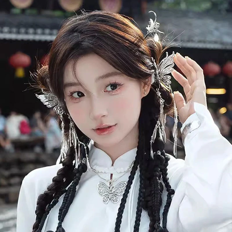 新中式流苏蝴蝶抓夹复古风ins汉服超仙甜美银色发夹头饰发卡气质