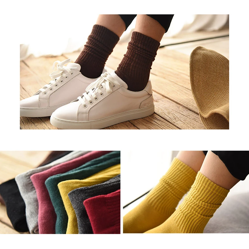 女士高筒袜子 罗纹长筒袜 纯色堆堆袜 简素风女棉袜 71195