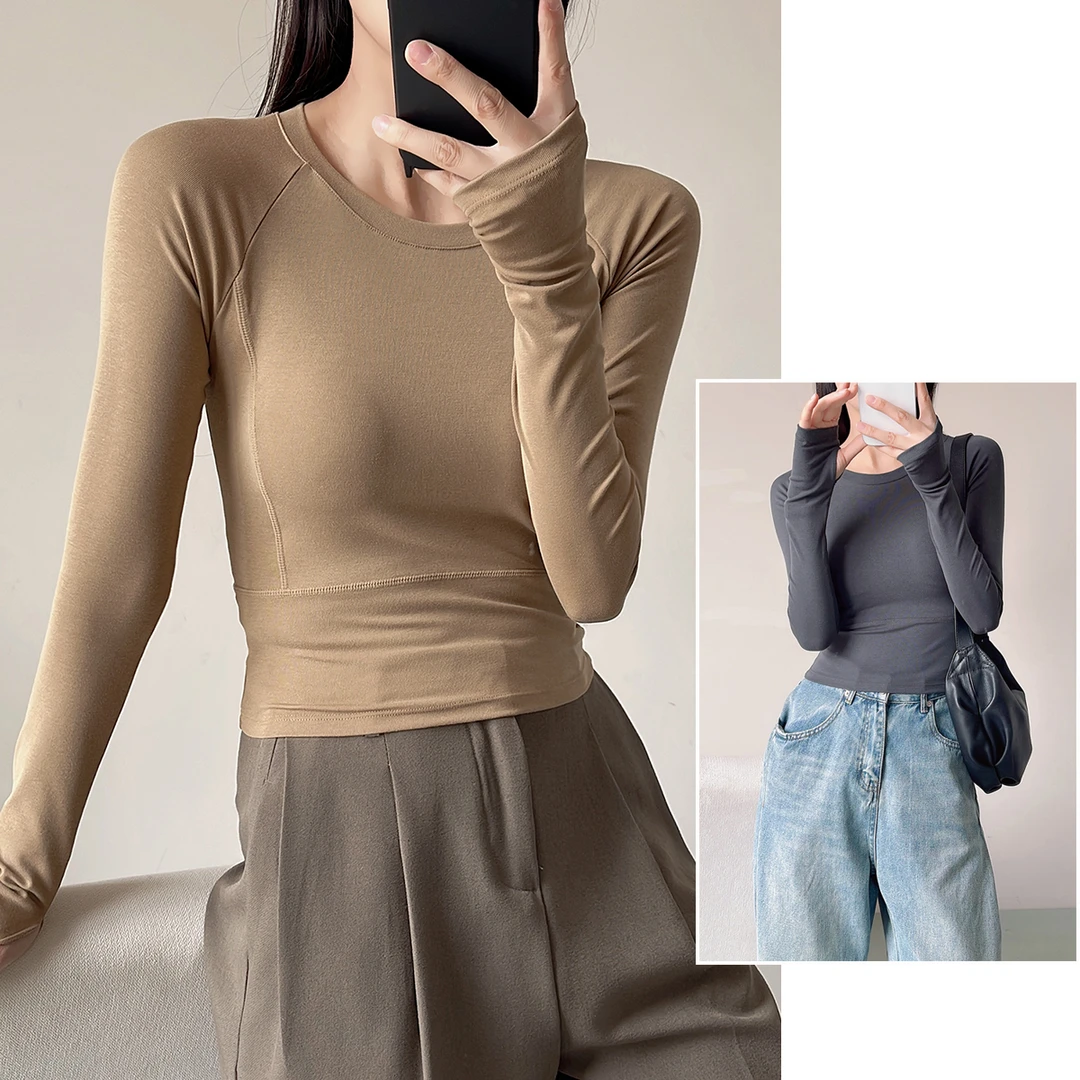莱赛尔棉竹纤维 女士修身长袖 短款圆领打底运动T恤春秋款 86658