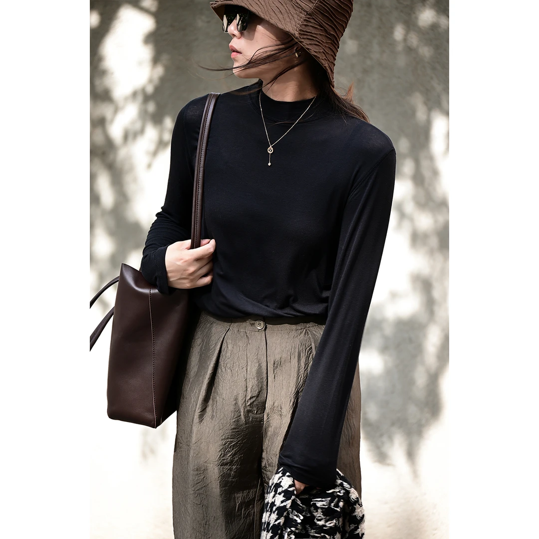 85186 女士莱赛尔半高领长袖T恤 纯色弹力针织打底衫 含羊毛 秋款