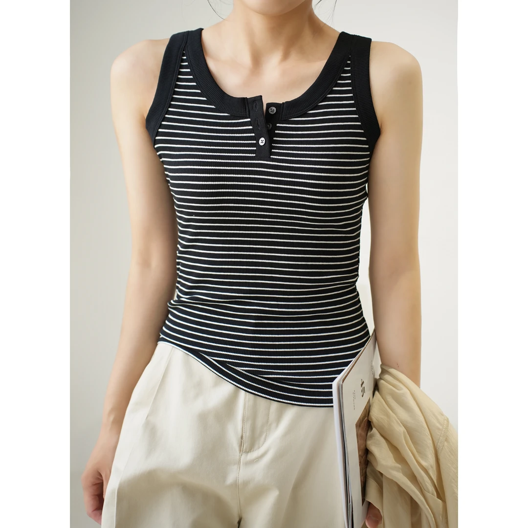 A类新疆长绒棉 女士纯棉条纹打底背心 圆领系扣薄款打底 23375