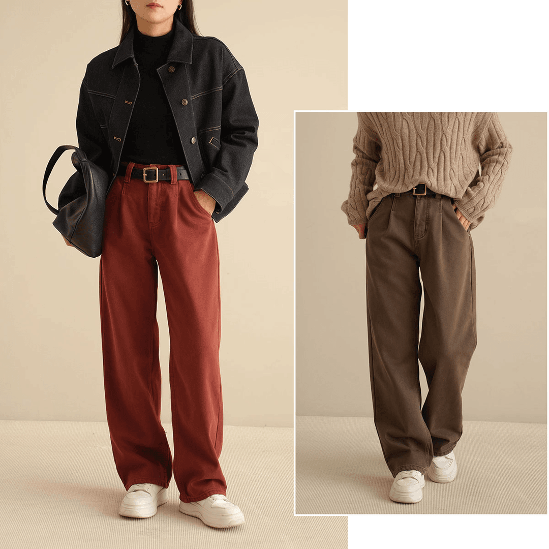 女士高腰抓绒牛仔裤  垂顺直筒纯色阔腿裤 秋冬加绒长裤k 34004