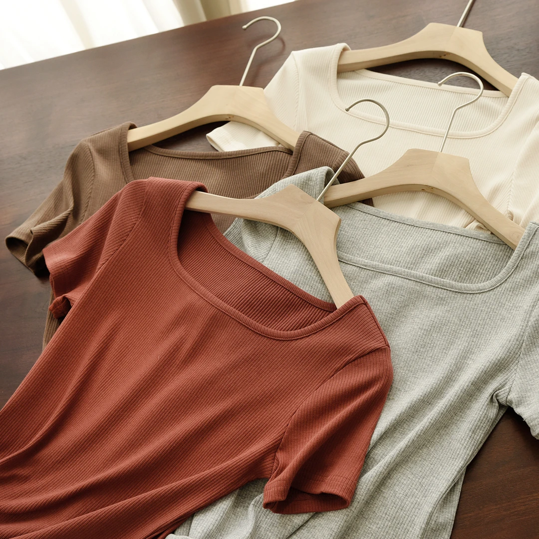 优可丝 木纤维 女士罗纹方领短袖T恤 修身打底衫 夏款 女装22192