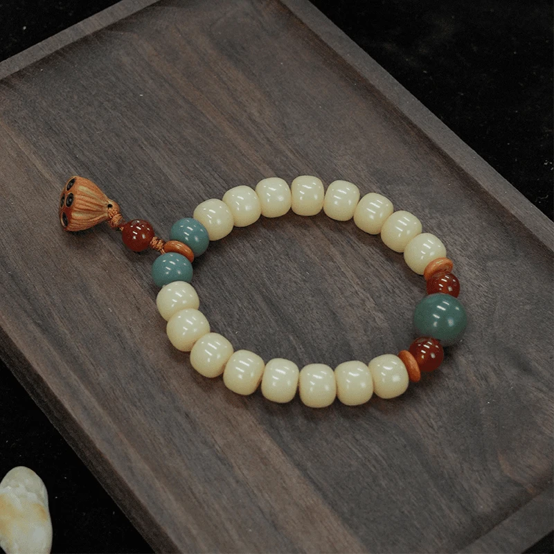 （好运莲蓬）原生态玉化菩提根手串单圈奶油白莲蓬文玩菩提8x10mm