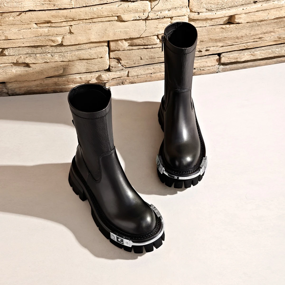 HYSN/设计师新款闪电底大牌马丁靴女增高厚底胎牛皮短靴女