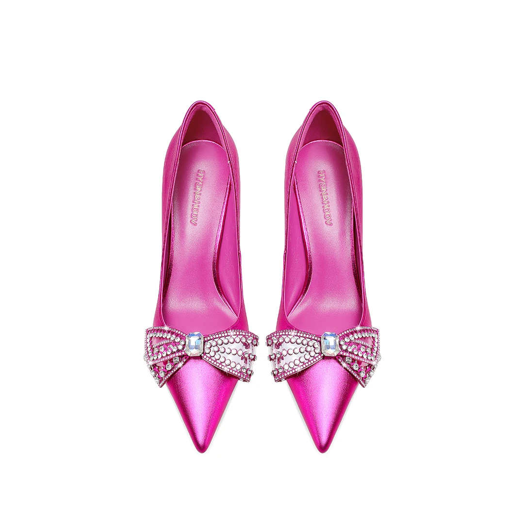 春夏新款水钻蝴蝶结高跟单鞋尖头细跟高跟鞋女真皮彩色单鞋