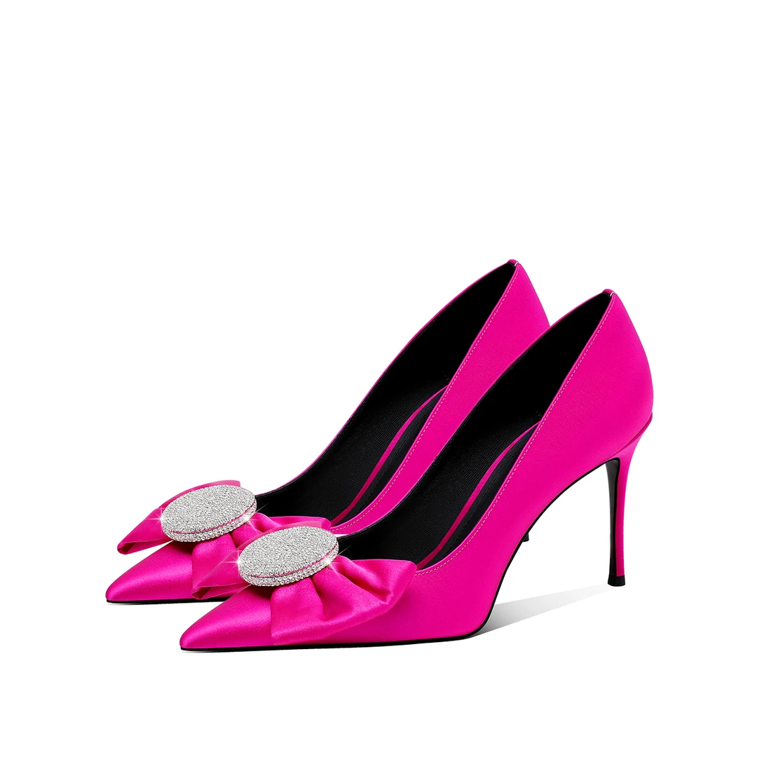 尖头细跟高跟鞋女新款蝴蝶结气质单鞋玫红色配裙子庆典礼服鞋