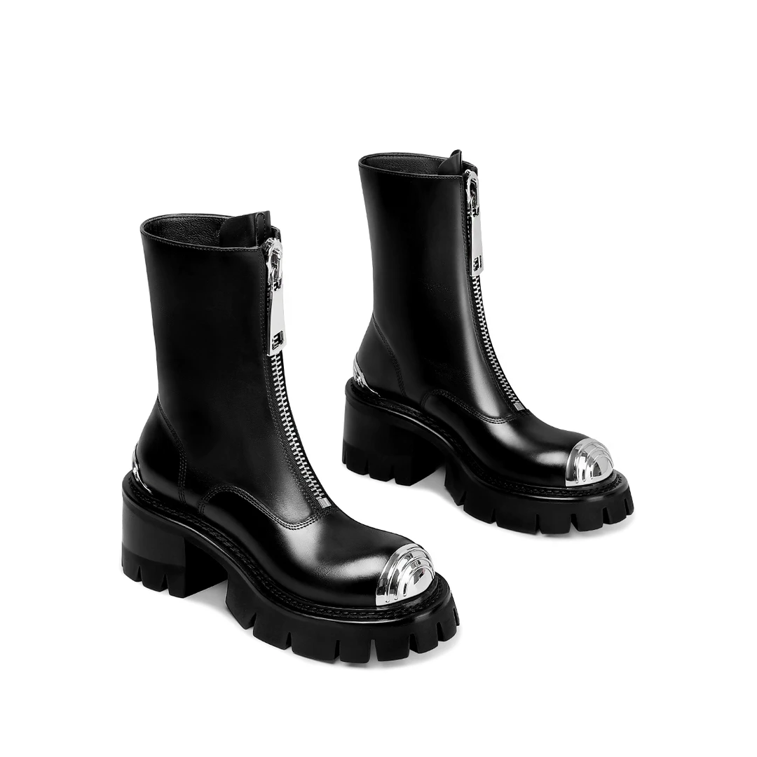 Maggie设计师款前拉链厚底guidi机车靴圆头马丁靴百搭粗跟皮靴子